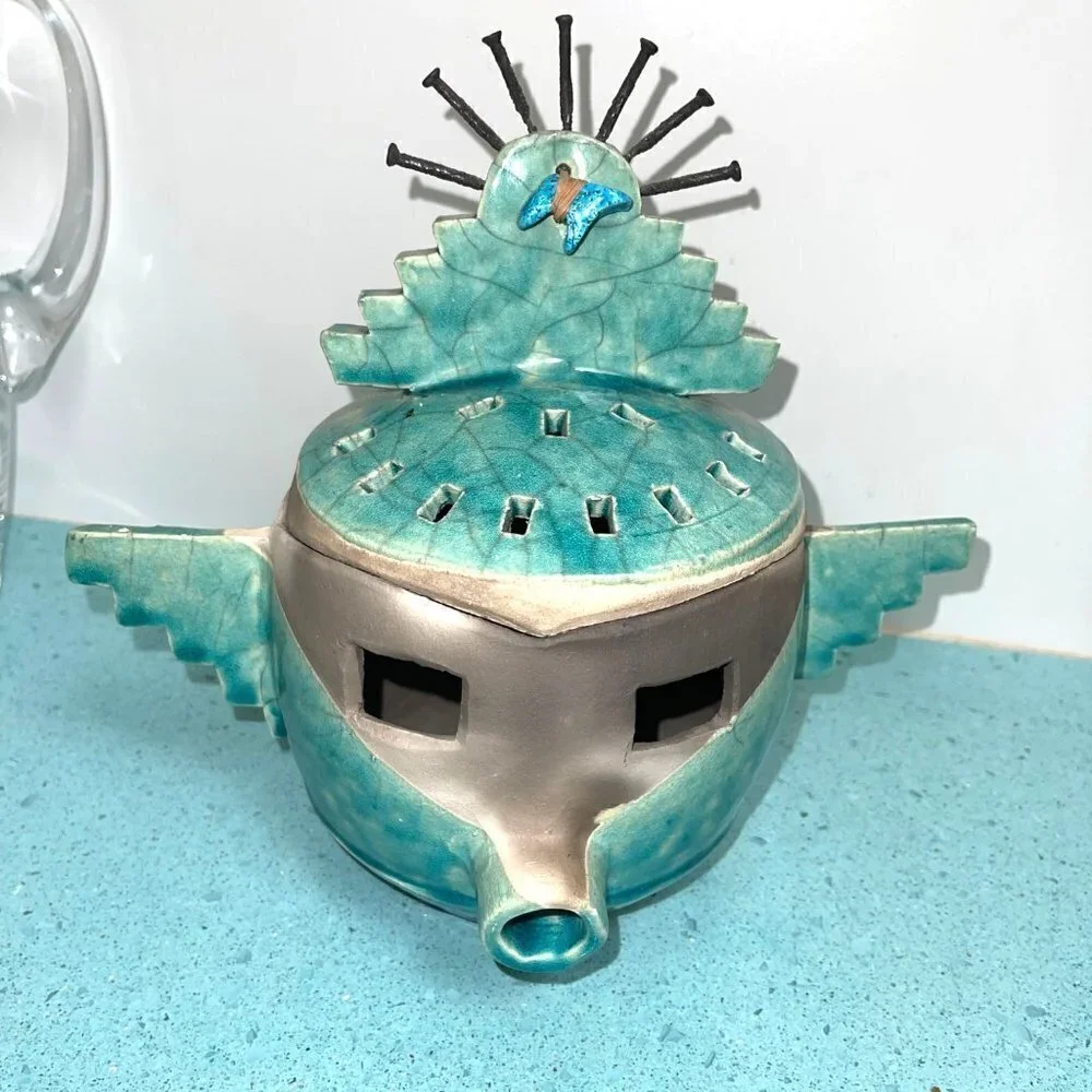 Barbara Heard Ceramic Lantern Signed Bird Head Blue Gray Handmade Pottery Candle